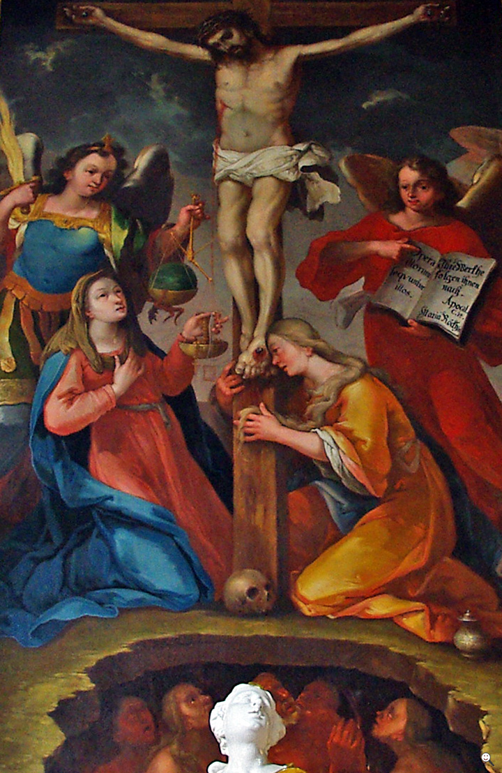 Bild: Gemälde von Paul Zeiller: Kreuzigung Jesu Christi mit dem Erzengel Michael (links mit der Waage), Tannheim: Kirche Hl. Nikolaus (Tirol/Österreich) 